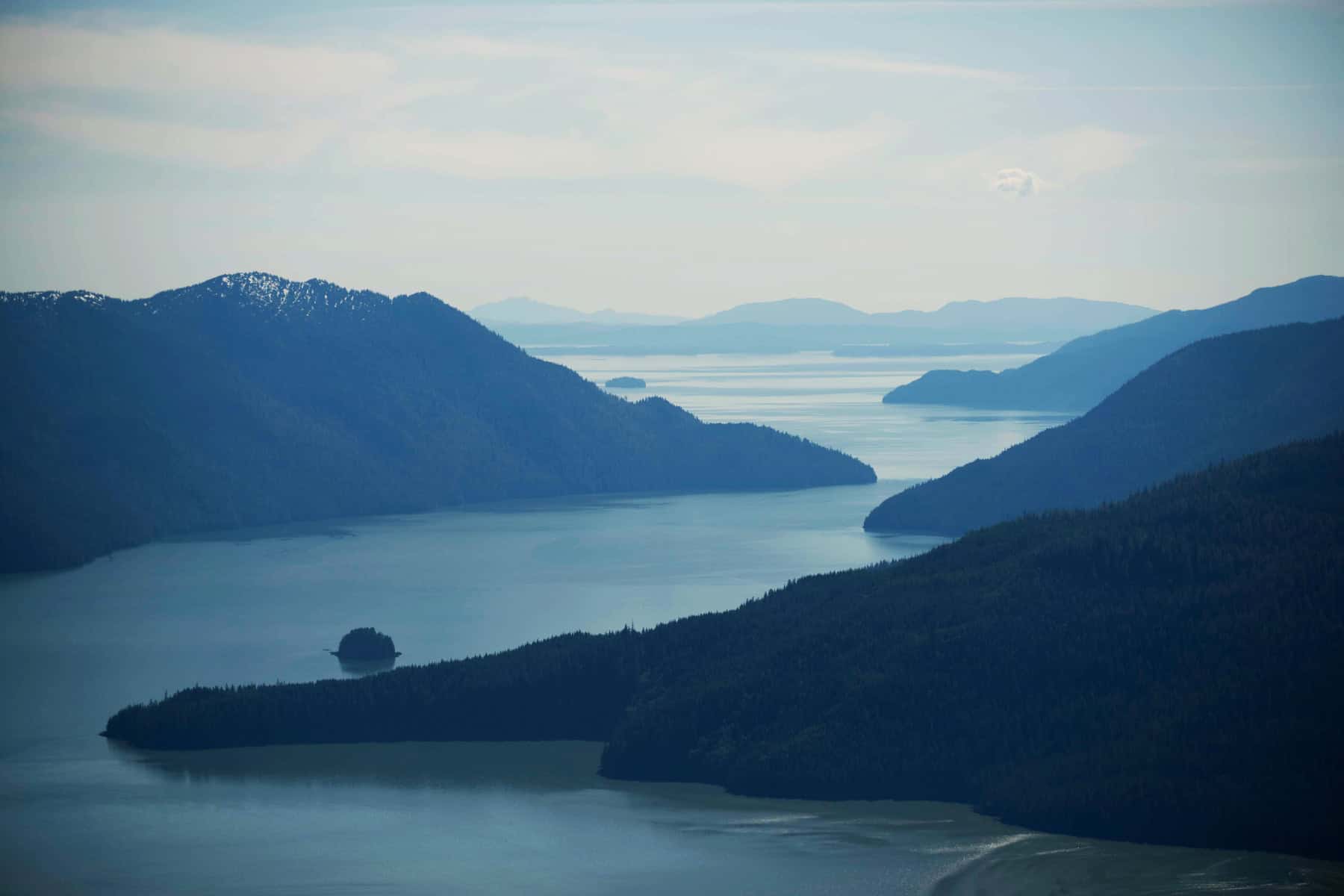 Scenic view of islands, channels, and mountains near Wrangell, Alaska