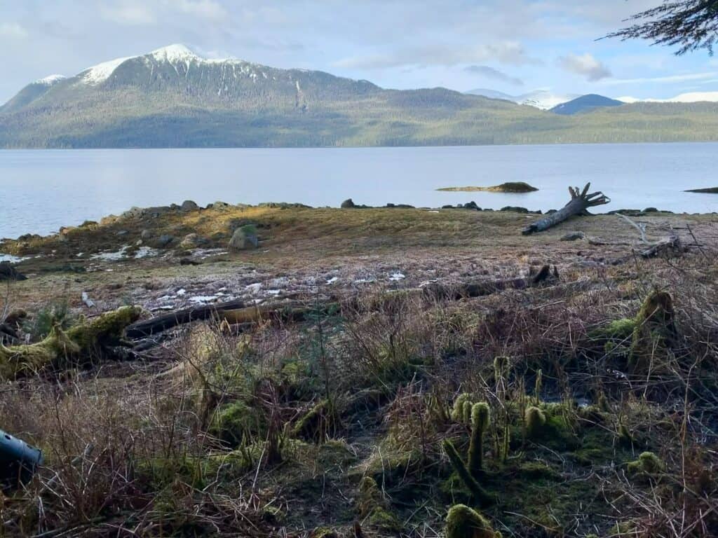 Scenic view from Muskeg Meadows Golf Course overlooking Eastern Passage and Wrangell Mountain in Wrangell, Alaska.