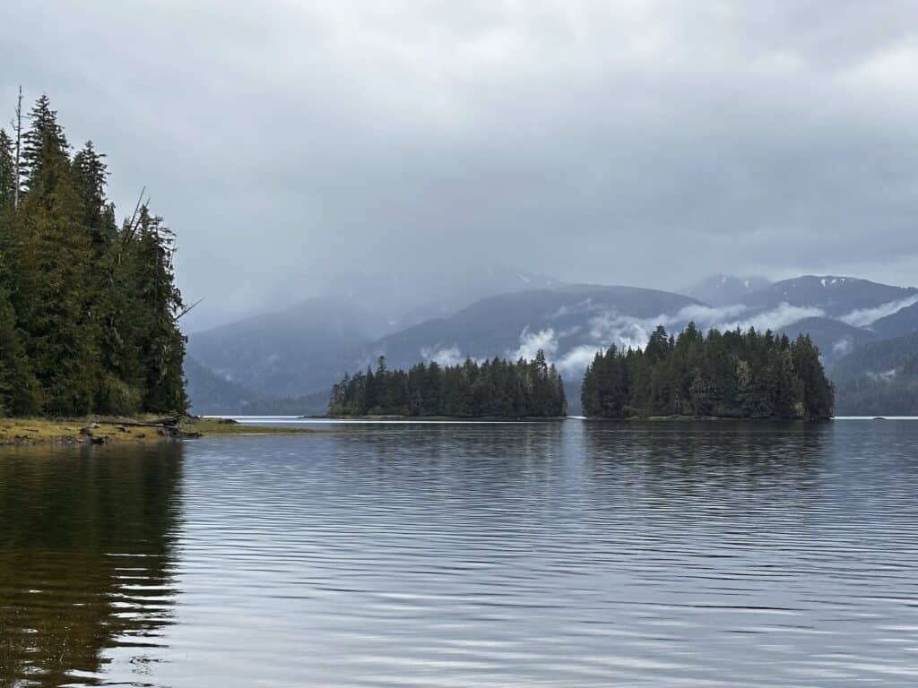 View from the Turn Island Recreation Campsite at the end of the Nemo Saltwater Access Trail on Wrangell Island, Alaska.