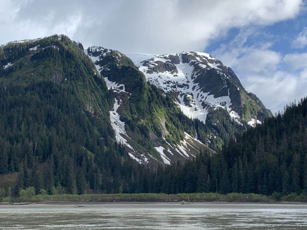 Forested mountains along the Stikine River near Wrangell, Alaska, with snow‑covered cliffs above the river.