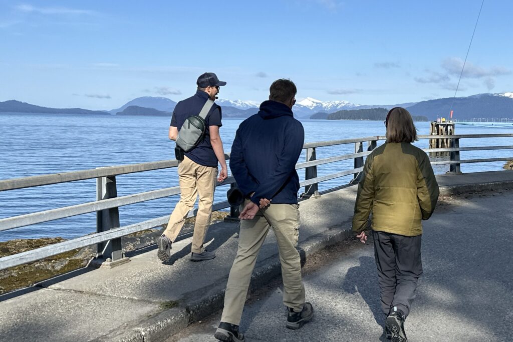 Tourists walking along Wrangell waterfront with mountains in background.